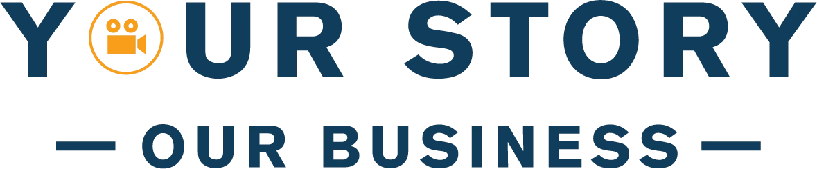 Your Story, Our Business: MEM Films video production slogan in navy lettering with an orange video camera icon in place of the O