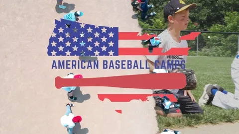 American Baseball Camps promo video by MEM Films: red, white and blue map and bat over kids at a youth baseball camp