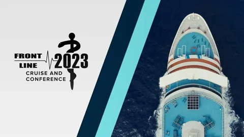 Front Line EMS 2023 Cruise and Conference event video by MEM Films, title card beside an aerial view of a cruise ship at sea