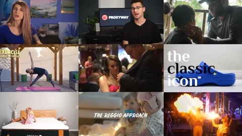MEM Films video production services reel: grid of nine stills including interviews, yoga, a wedding, a product shot and a fire performer