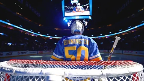 St. Louis Blues video production highlights: goalie Jordan Binnington seen from behind the net at Enterprise Center
