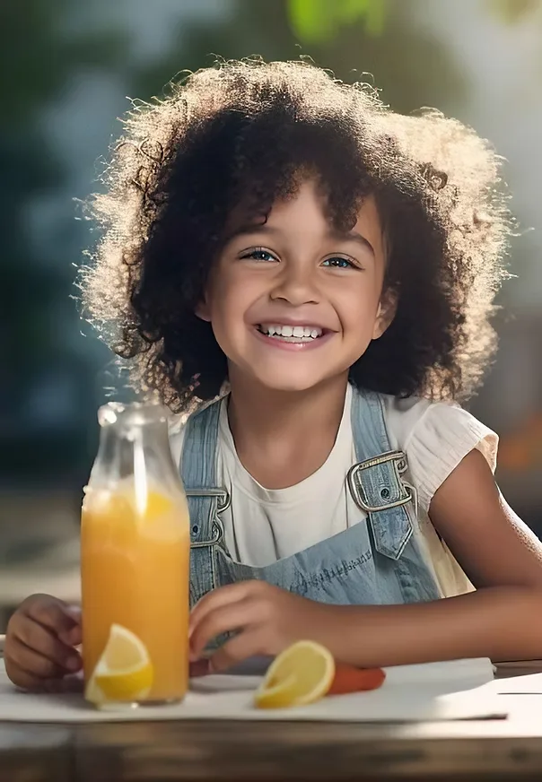 Commercial photography in St. Louis: smiling child with curly hair at a table with a bottle and glass of orange juice