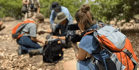 Medical training video shoot: wilderness medicine team treating a patient outdoors while a MEM Films videographer films