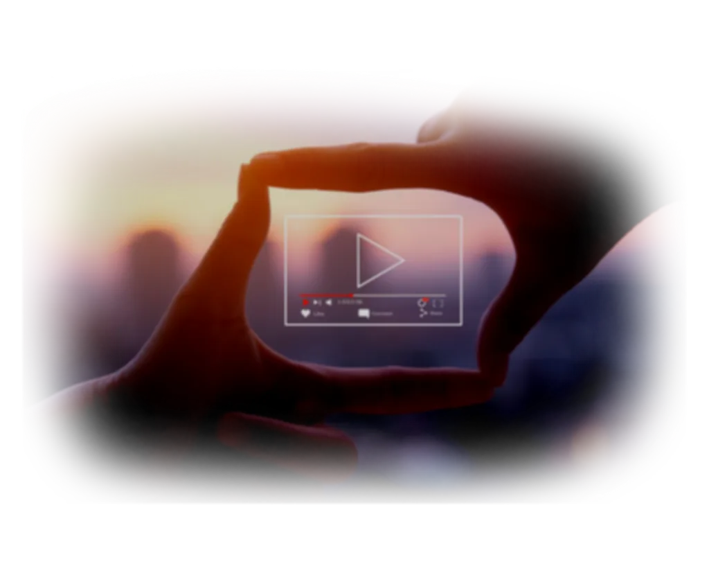 Video marketing in St. Louis: hands framing a video player with a play button against a city skyline at sunset