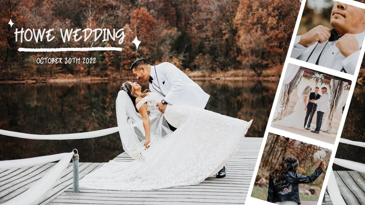 Howe Wedding, October 30th 2022: groom dipping the bride on a lakeside dock beside a collage of portraits